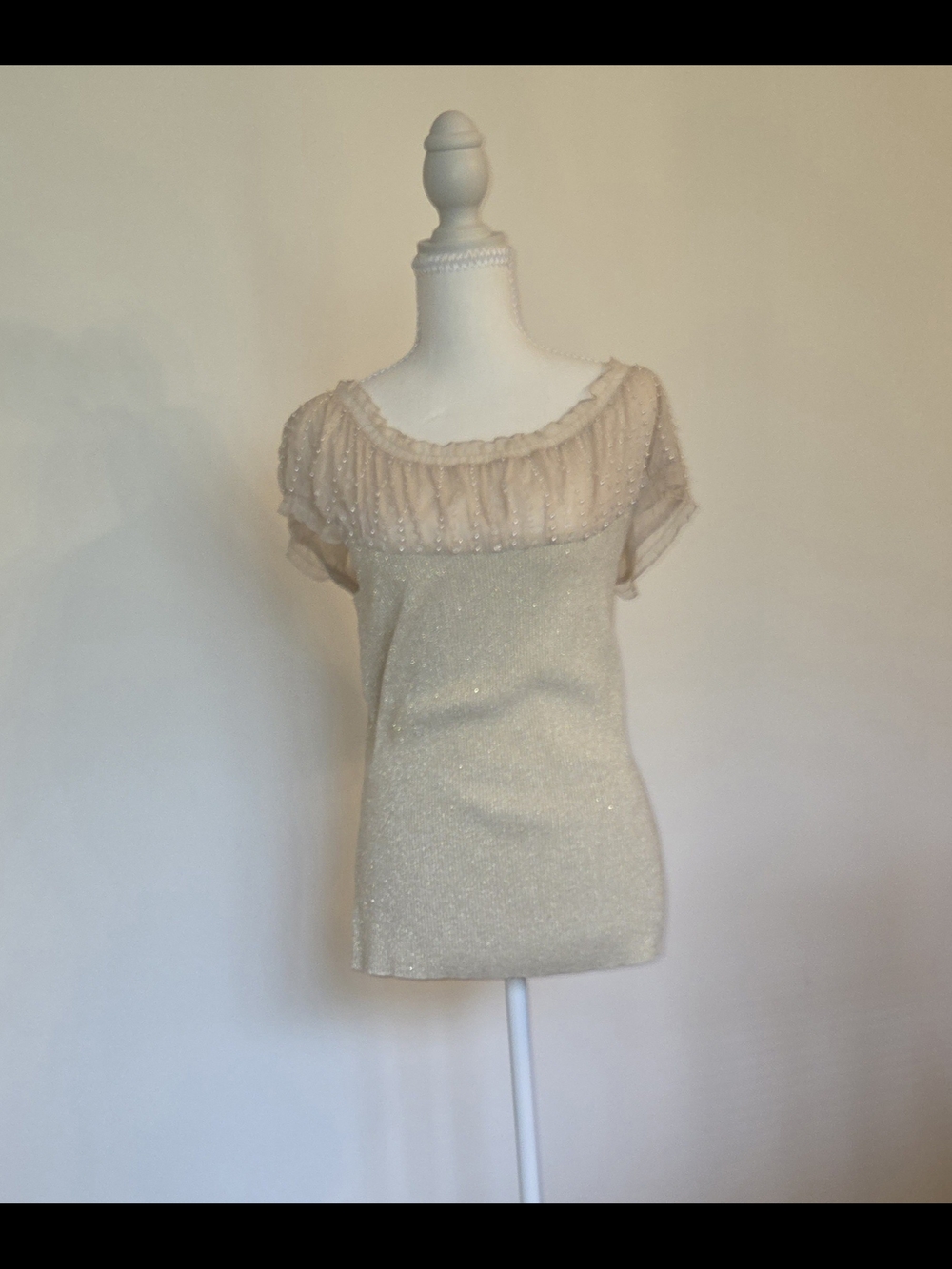 Cable & Gauge Champagne Sparkle Sheer-Yoke Short Sleeve Top